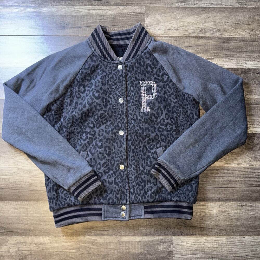 VICTORIA SECRET PINK Rhinestone Gray Leopard VARSITY BOMBER JACKET SMALL